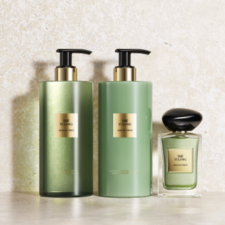 Het complete Armani/Prive The Yulong-ritueel: Wash, Lotion en de iconische Eau de Toilette in saliegroene tinten. Tegen een stenen achtergrond vieren ze de balans van thee en ambachtelijke luxe.