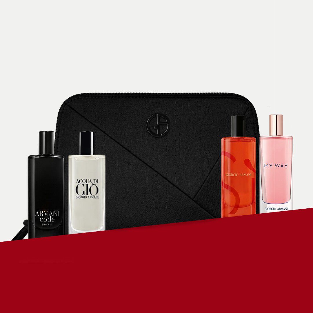 Een exclusief duo van Armani-iconen: de geuren Si en My Way, gecombineerd met een elegante zwarte pochette met couture-textuur. Een viering van de schenkkunst van het Huis, die tijdloze elegantie en moderne verfijning verenigt.