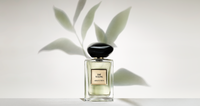 Armani/Prive "The Yulong" parfumflesje rustend op bladeren boven rimpelend water.