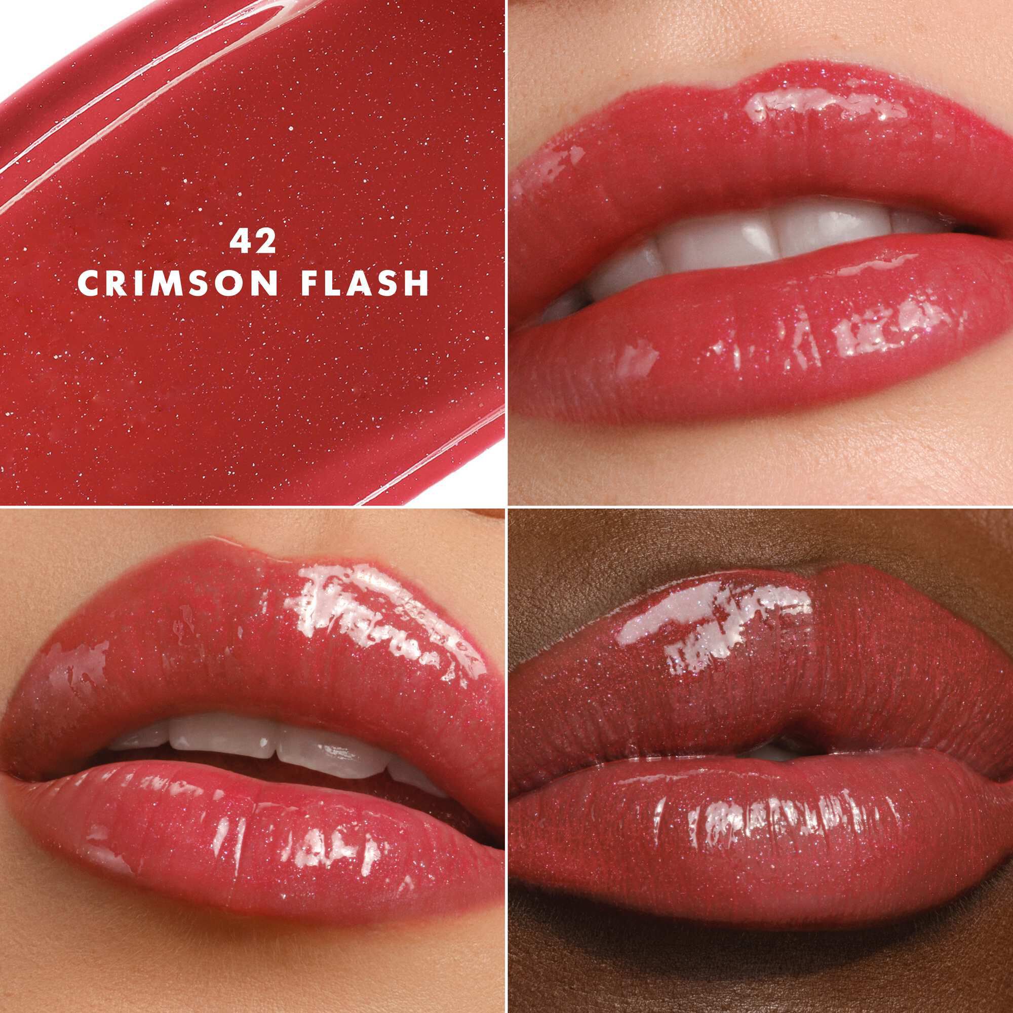 Armani Prisma Flash 42 Crimson Flash lippenstift op verschillende huidtinten, waardoor een lichtgevende roze glans wordt benadrukt.