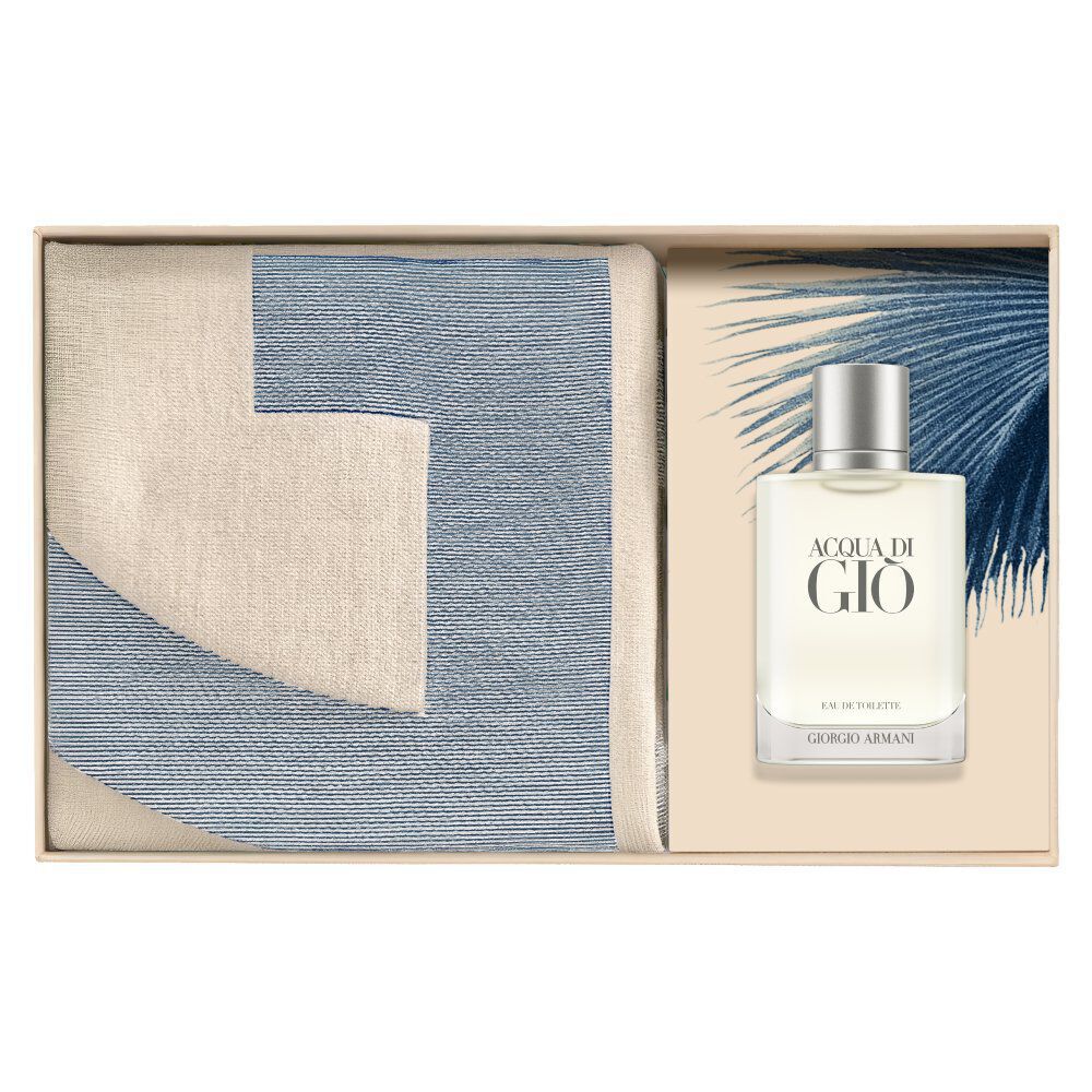 Armani beauty Acqua di Gio men's fragrance gift set presented in an elegant open box. Featuring the iconic Eau de Toilette bottle and a sophisticated blue and beige graphic towel. 