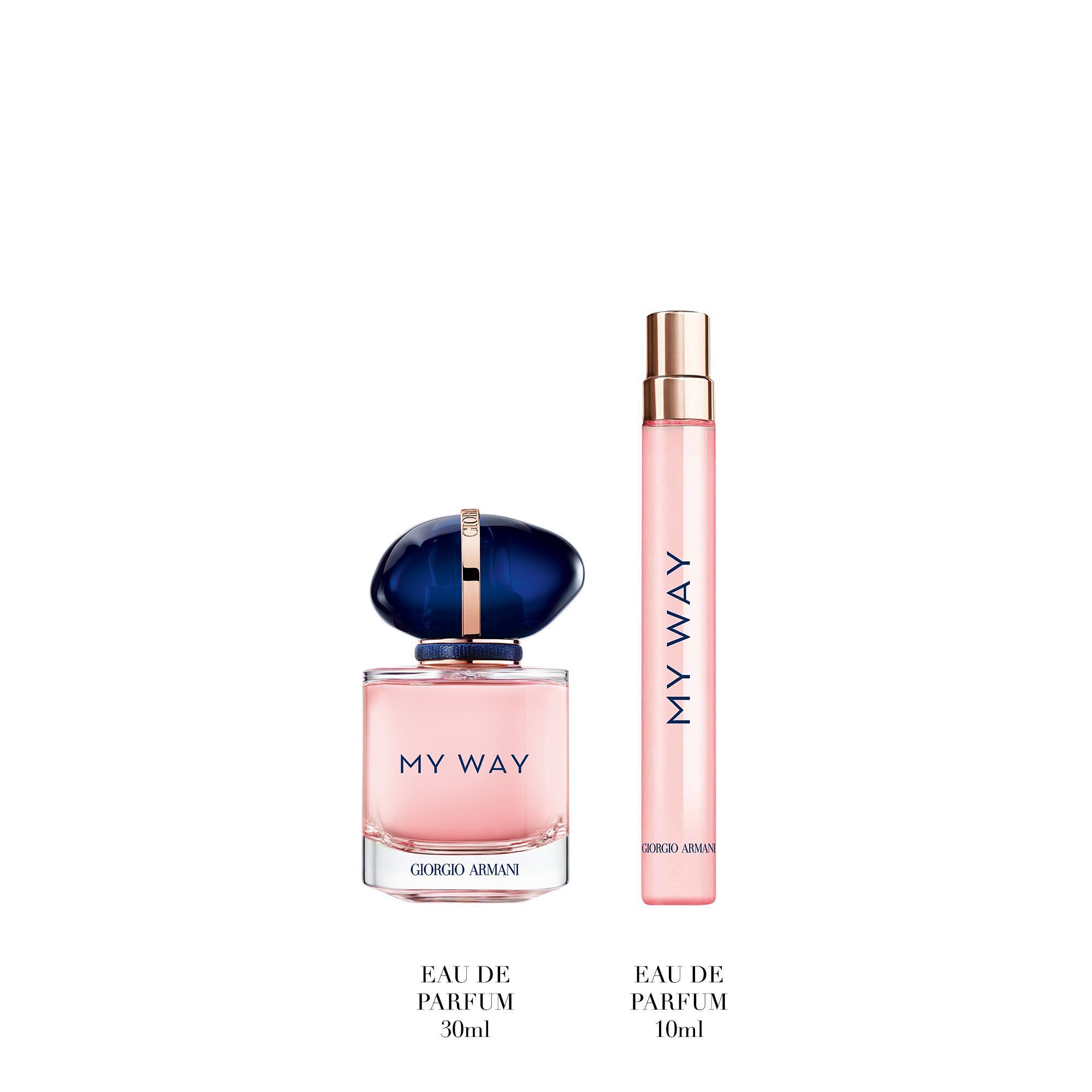 My Way Eau de Parfum 30ml en 10ml parfum op een witte achtergrond.