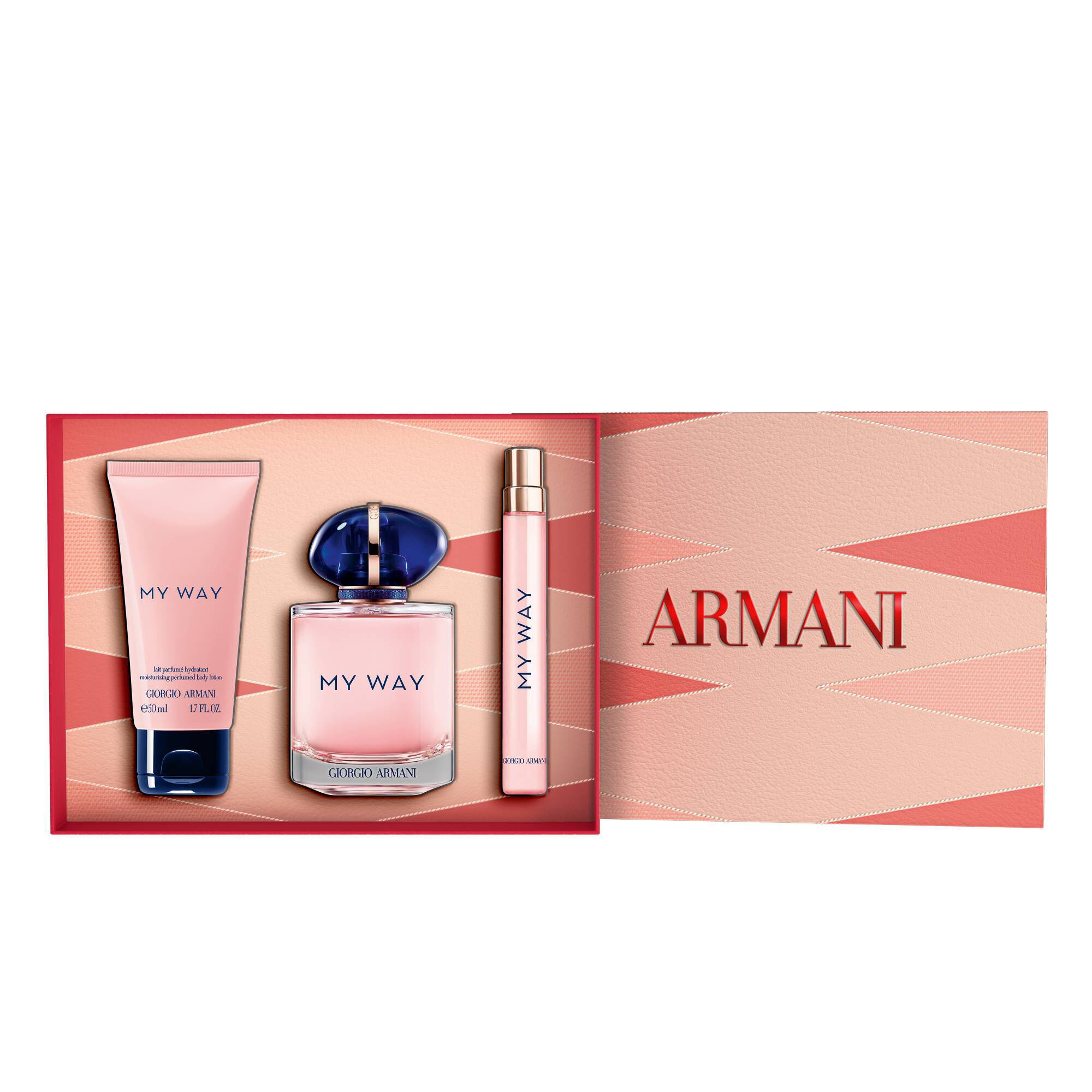 Giorgio Armani My Way Eau de Parfum 90ml, Eau de Parfum 10ml en PERFUMED BODY LOTION 50ml flessen en open Moederdagcadeaudoos op een witte achtergrond.