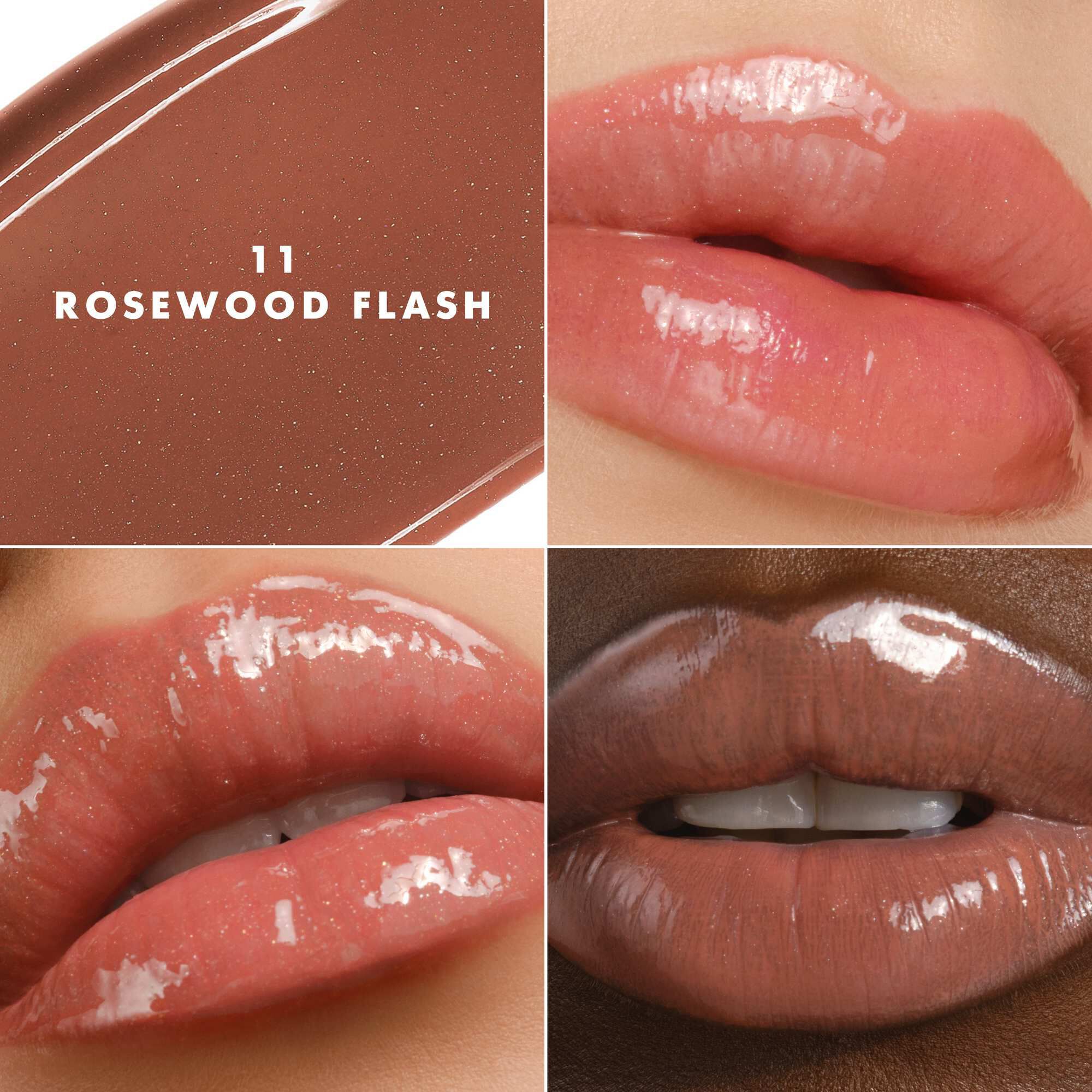 Armani Prisma Flash 11 Rosewood Flash lippenstift op verschillende huidtinten, waardoor een lichtgevende roze glans wordt benadrukt.