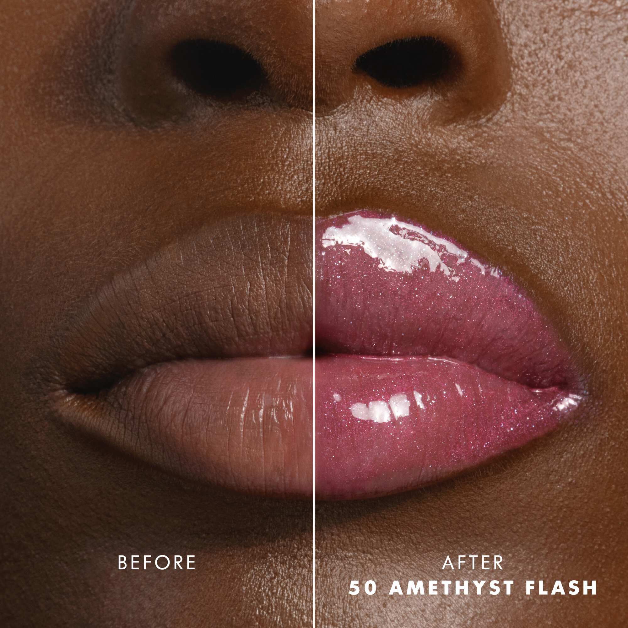 Voor- en nalippen met Armani Prisma Flash 50 Amethyst Flash, die een verbeterde glanzende roze kleur tonen.
