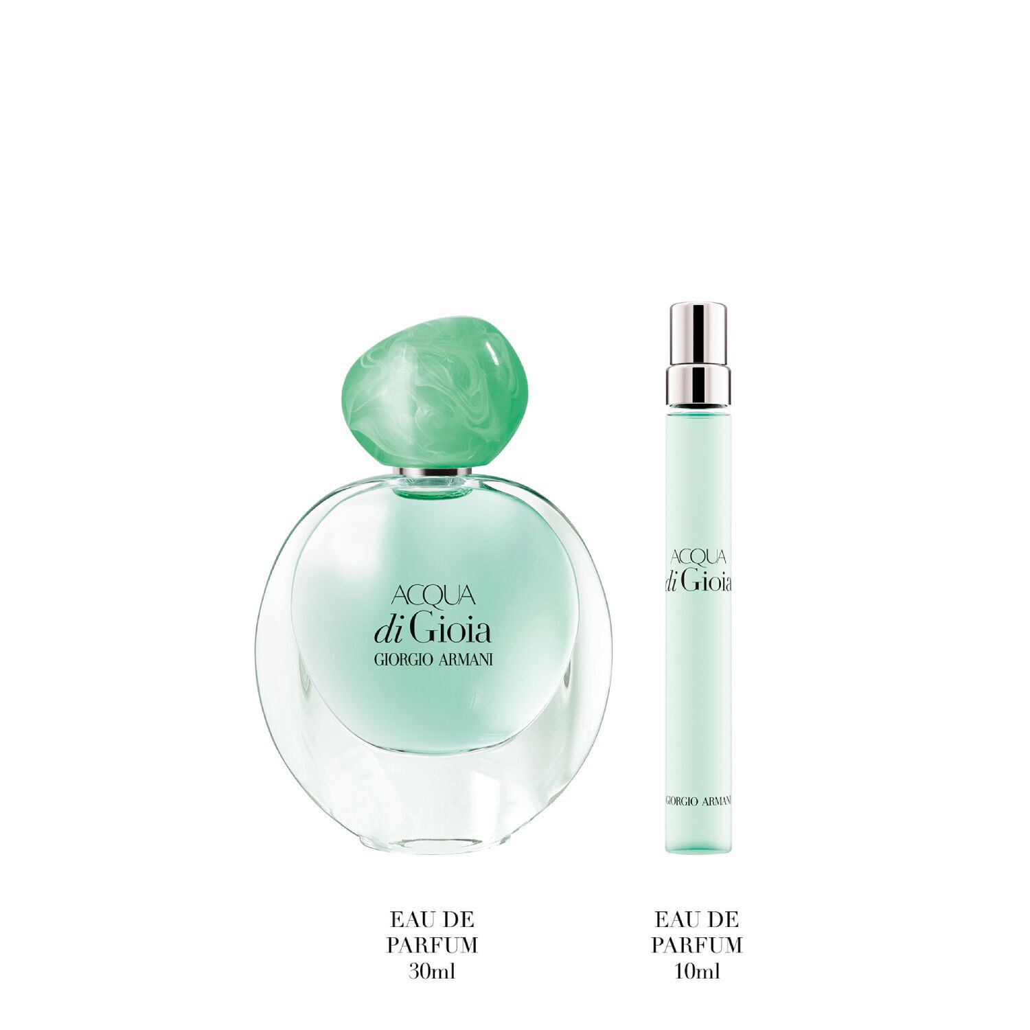 ACQUA DI GIOIA EAU DE PARFUM 30 ML EN ACQUA DI GIOIA EAU DE PARFUM 10 ml op een witte achtergrond.