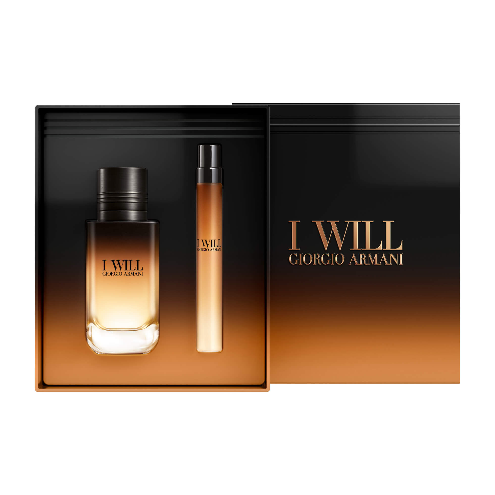 I Will Eau de Parfum 60 ml en 10 ml naast de open zwart-amber Armani cadeaudoos — een herengeurset met witte achtergrond.