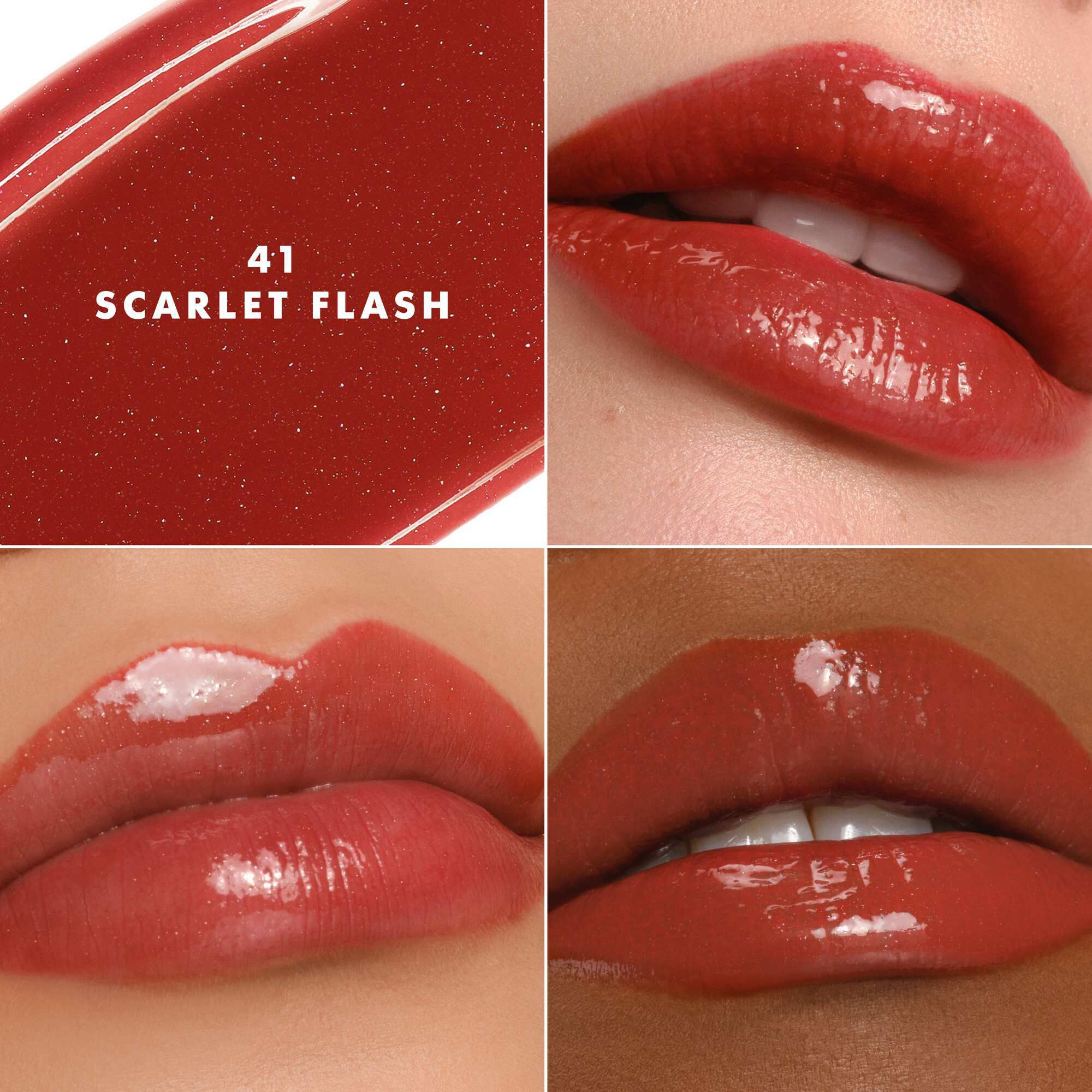 Armani Prisma Flash 41 Scarlet Flash lipstick op verschillende huidtinten, waardoor lichtgevende roze glans wordt benadrukt.