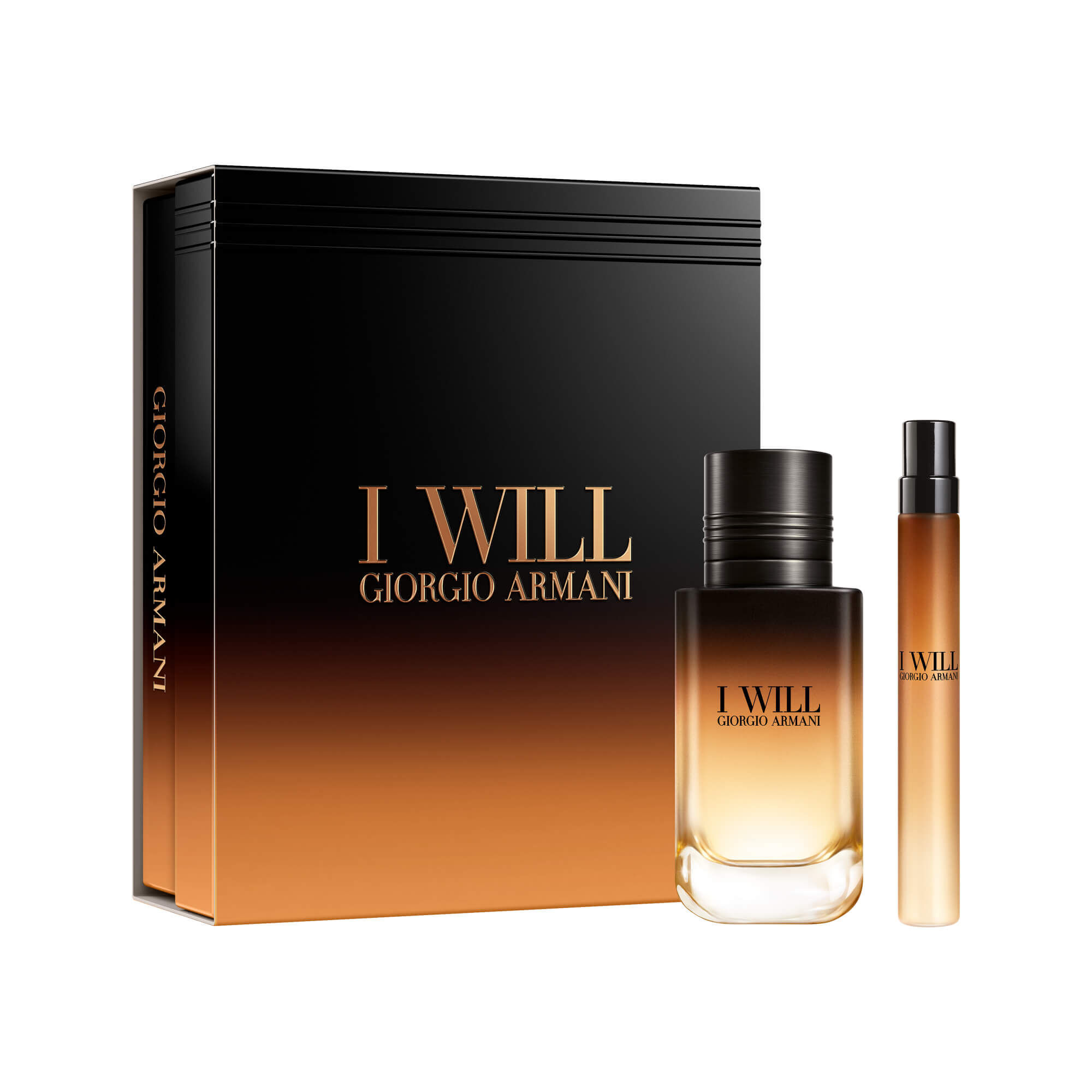 I Will Eau de Parfum 60 ml en 10 ml cadeauset in een open zwart-amber Armani cadeaudoosje met witte achtergrond.