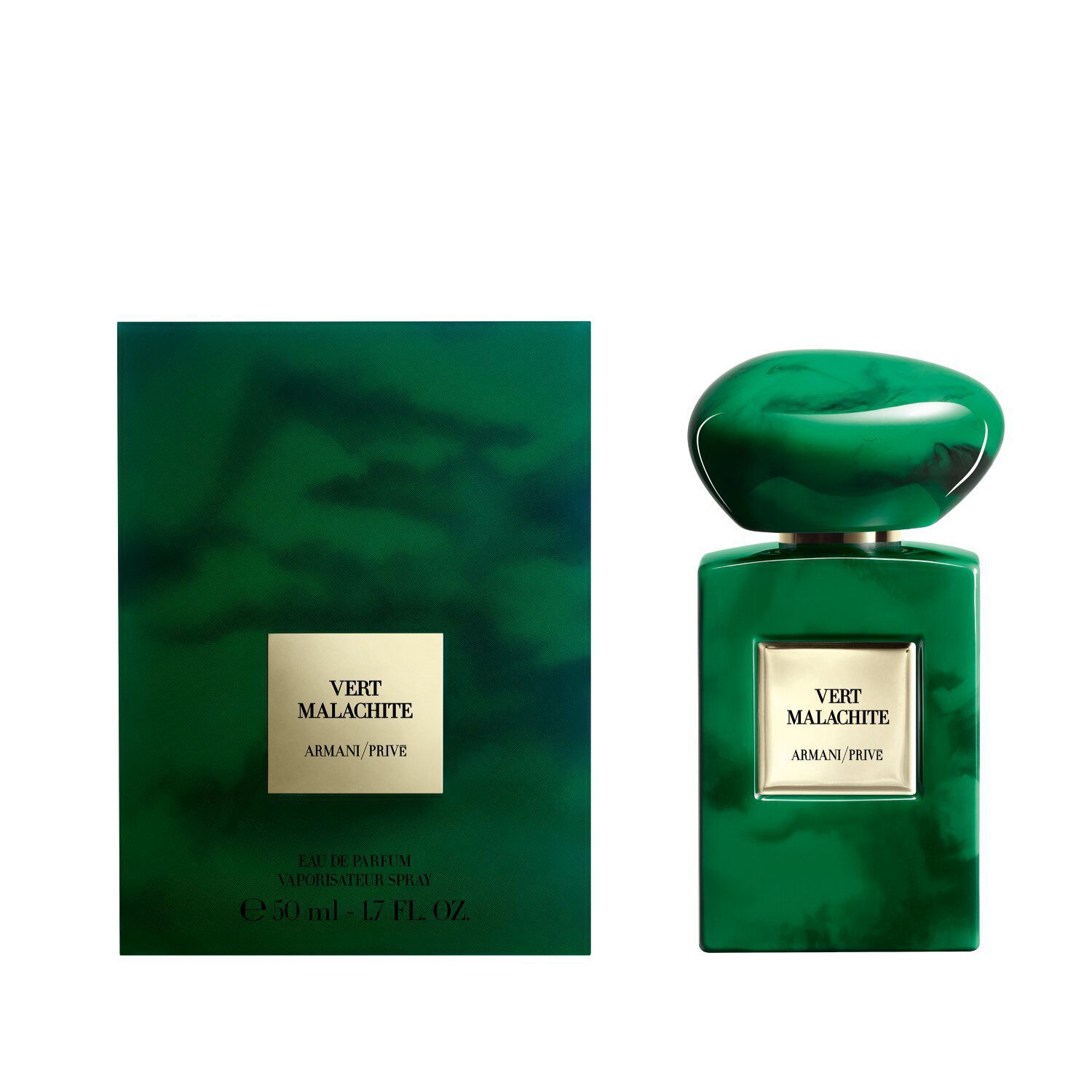 Armani/Prive Vert Malachite: luxueuze groene fles en verpakking, die de verfijnde elegantie en kunstzinnigheid van de collectie uitstraalt.