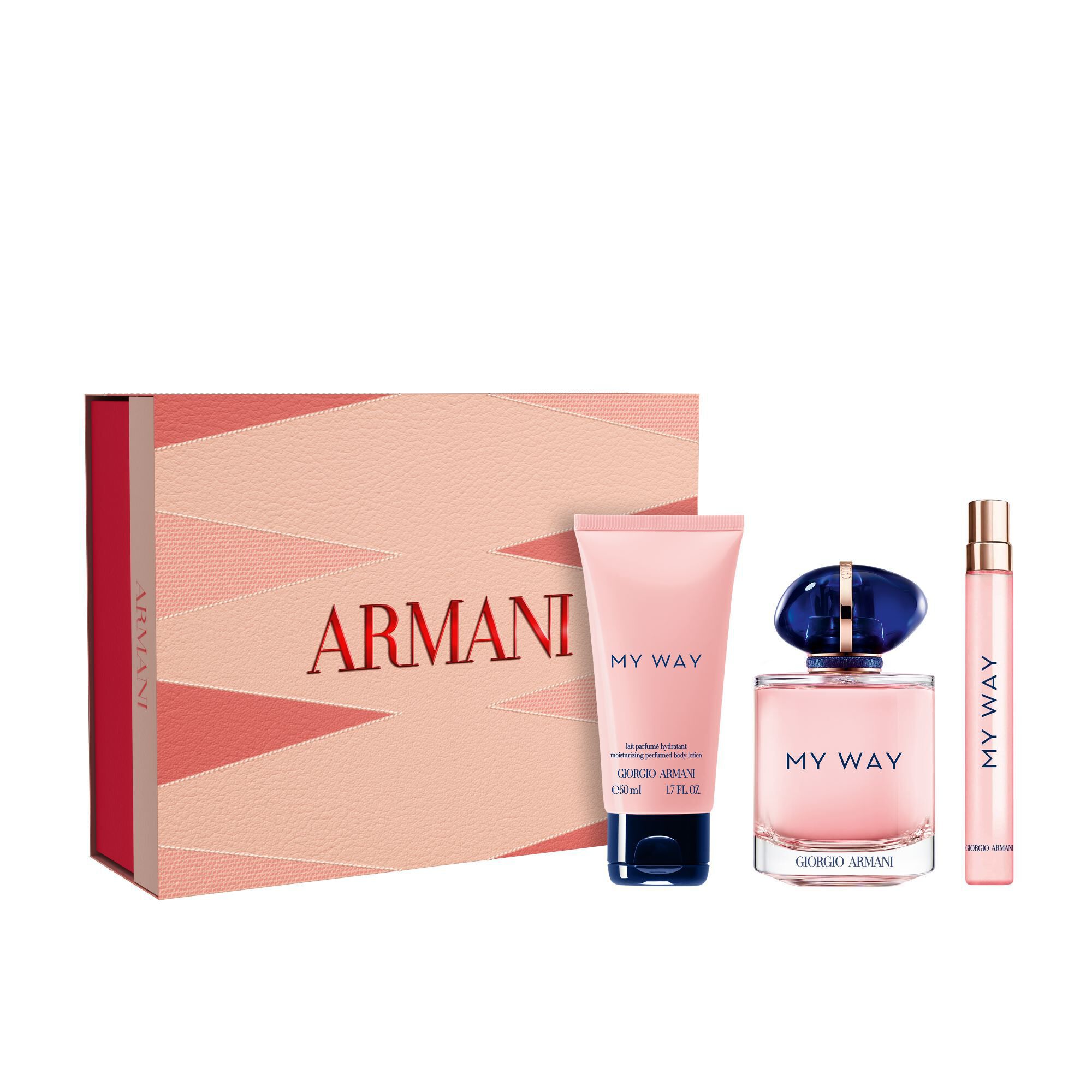 Giorgio Armani My Way Eau de Parfum 90ml, Eau de Parfum 10ml en PERFUMED BODY LOTION 50ml flessen naast een Moederdag-cadeaudoos op een witte achtergrond.