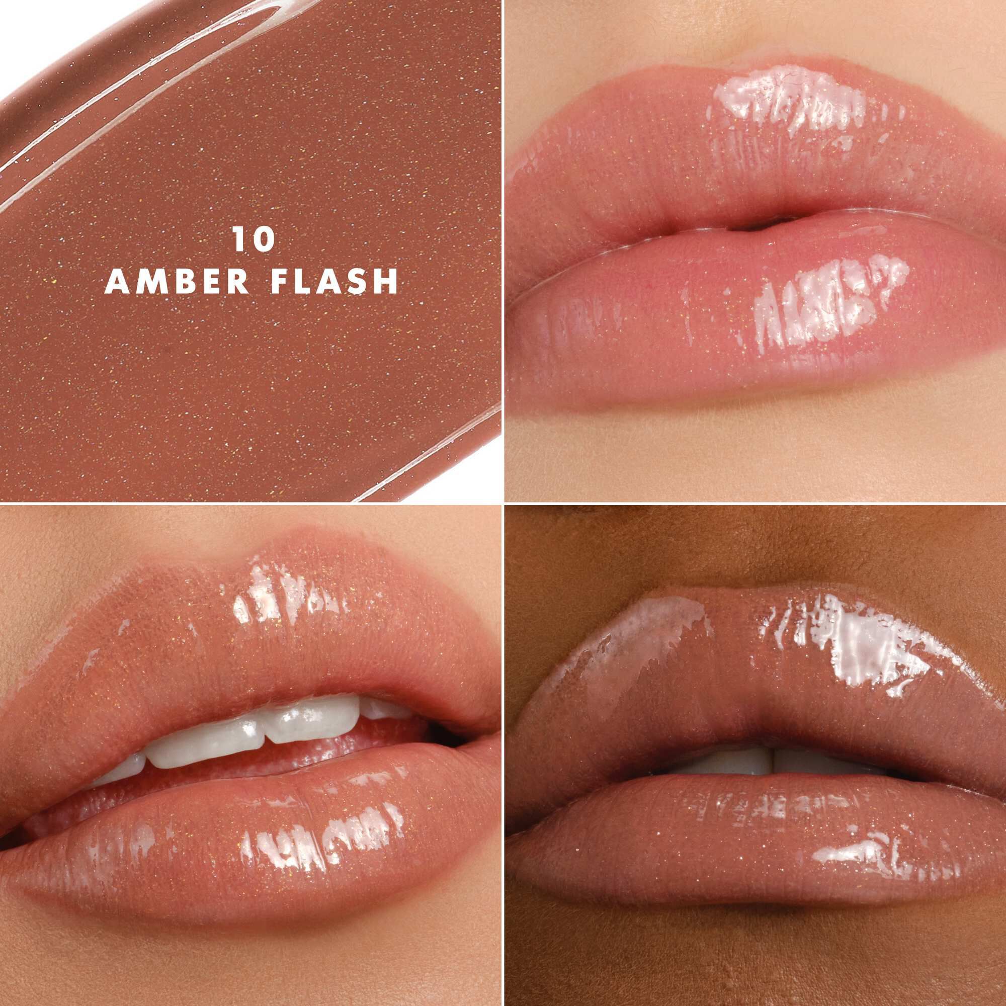 Armani Prisma Flash 10 Amber Flash lippenstift op verschillende huidtinten, waardoor een lichtgevende roze glans wordt benadrukt.