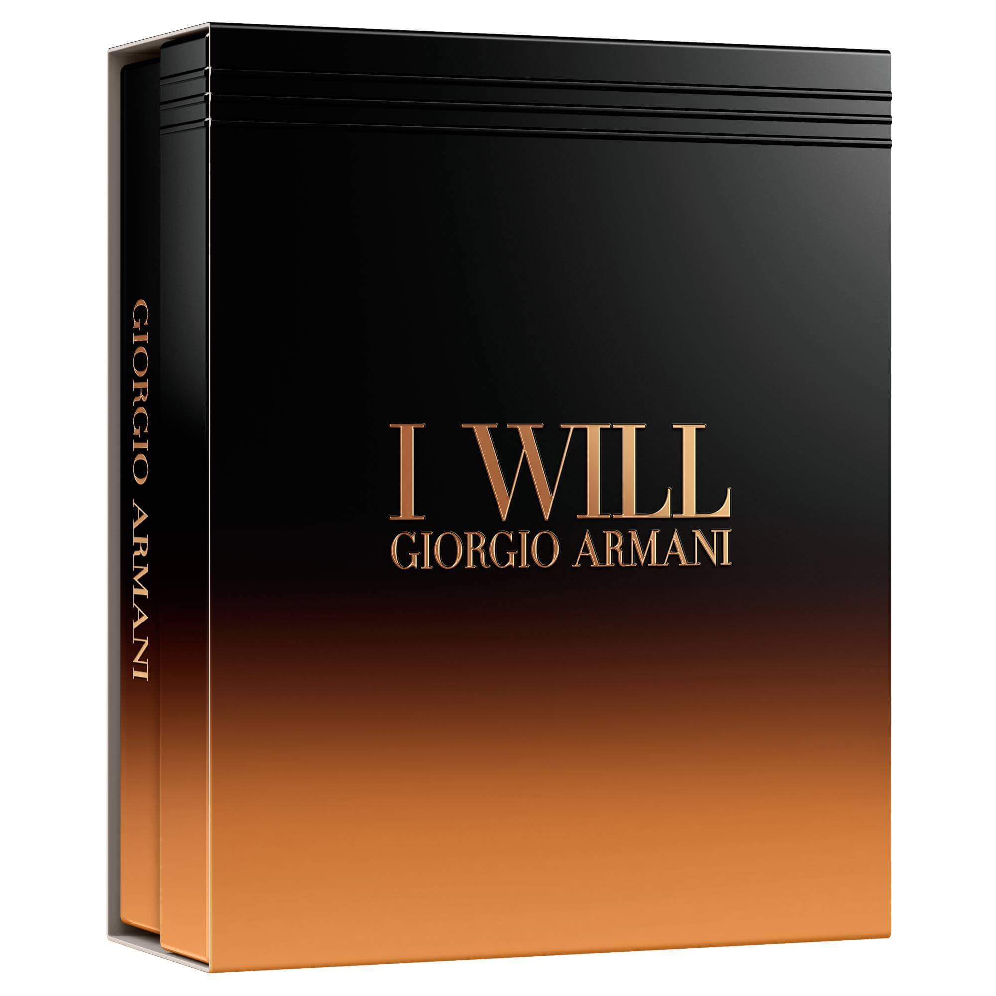 I Will Eau de Parfum 60 ml en 10 ml cadeauset in een gesloten zwart-amber Armani cadeaudoos — Giorgio Armani herenparfum cadeauset.
