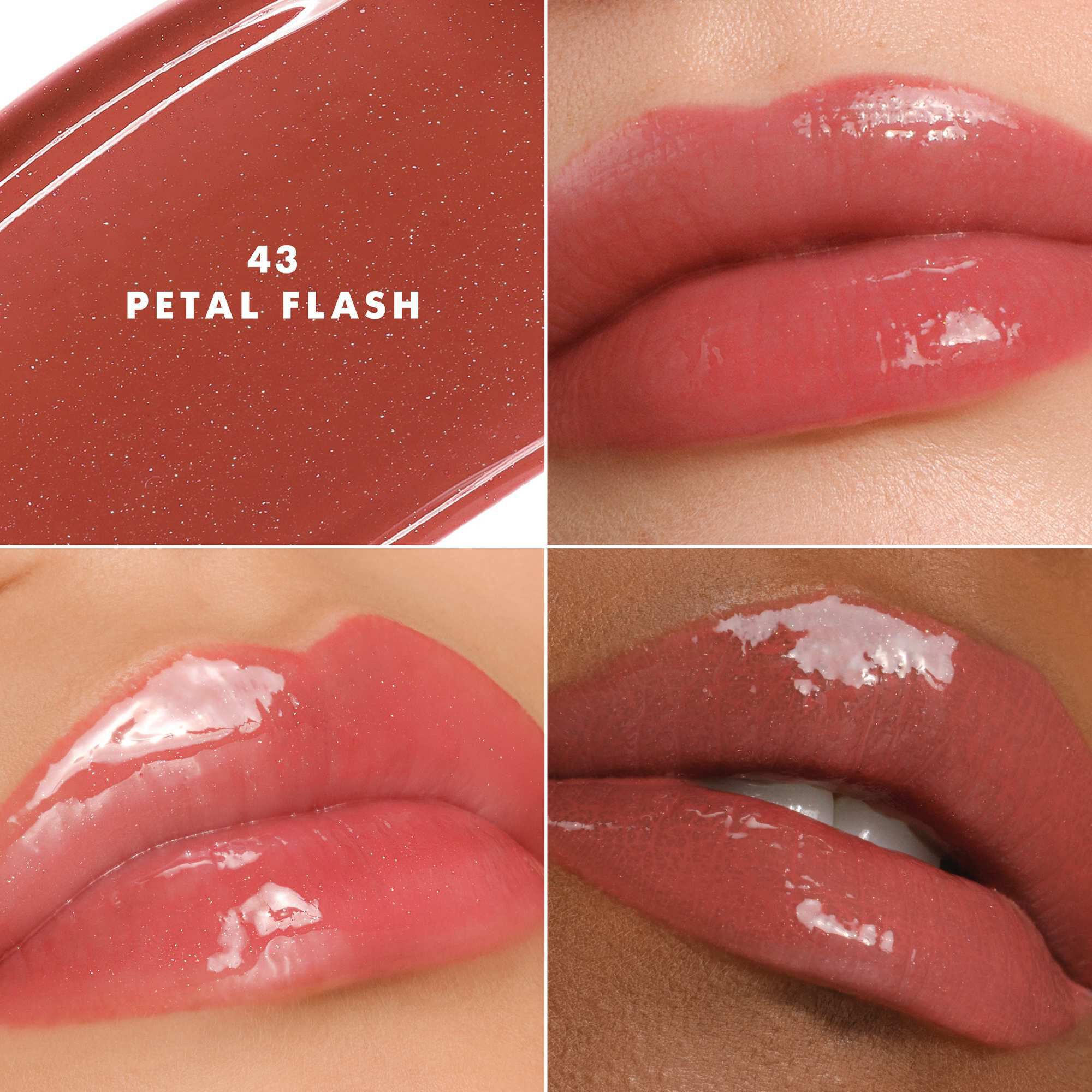 Armani Prisma Flash 43 Petal Flash lippenstift op verschillende huidtinten, waardoor een lichtgevende roze glans wordt benadrukt.
