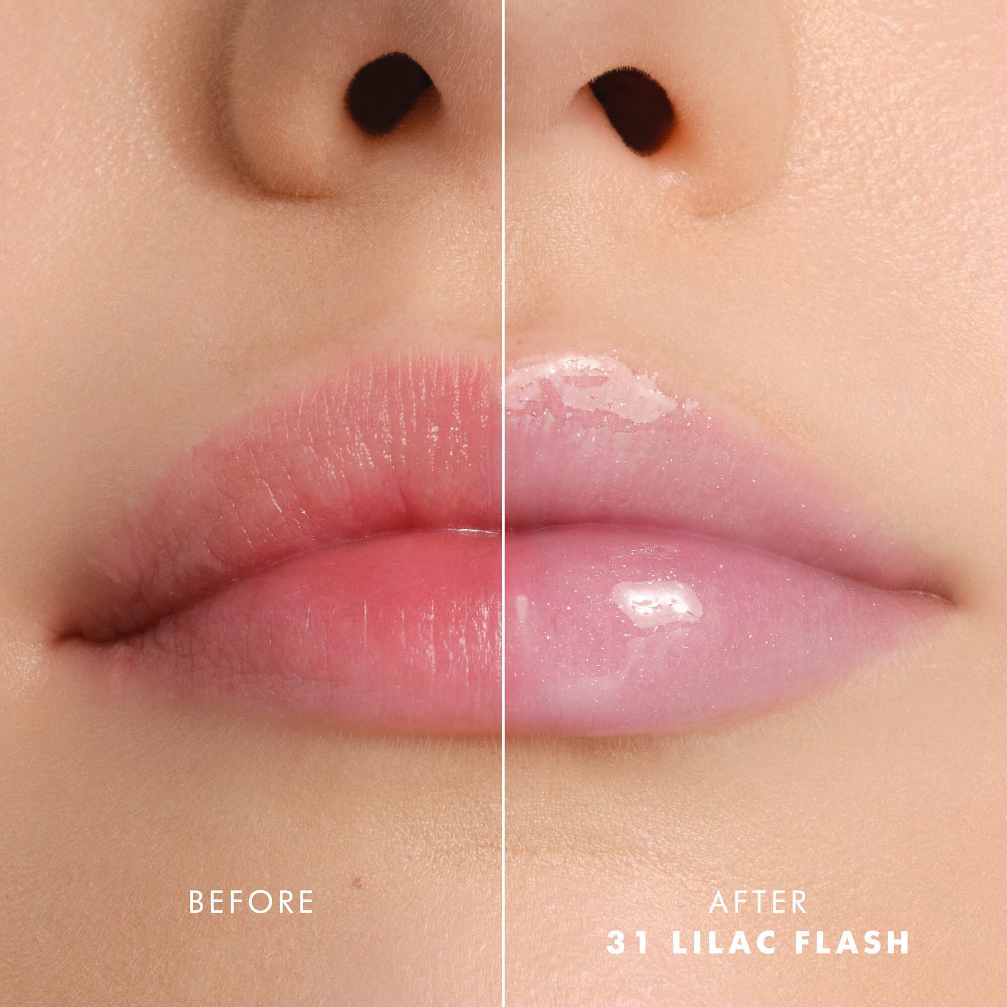 Voor- en nalippen met Armani Prisma Flash 31 Lilac Flash, wat een verbeterde glanzende roze kleur vertoont.