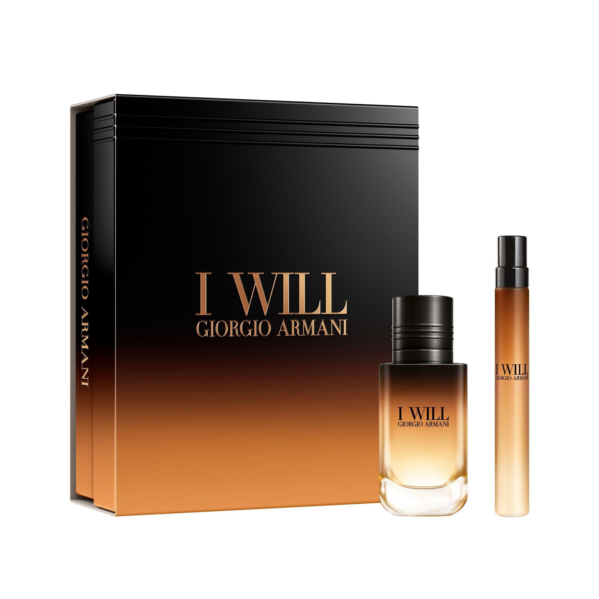 I Will Eau de Parfum 30ml en 10ml cadeauset in een open zwart-amber Armani cadeaudoos, op witte achtergrond.