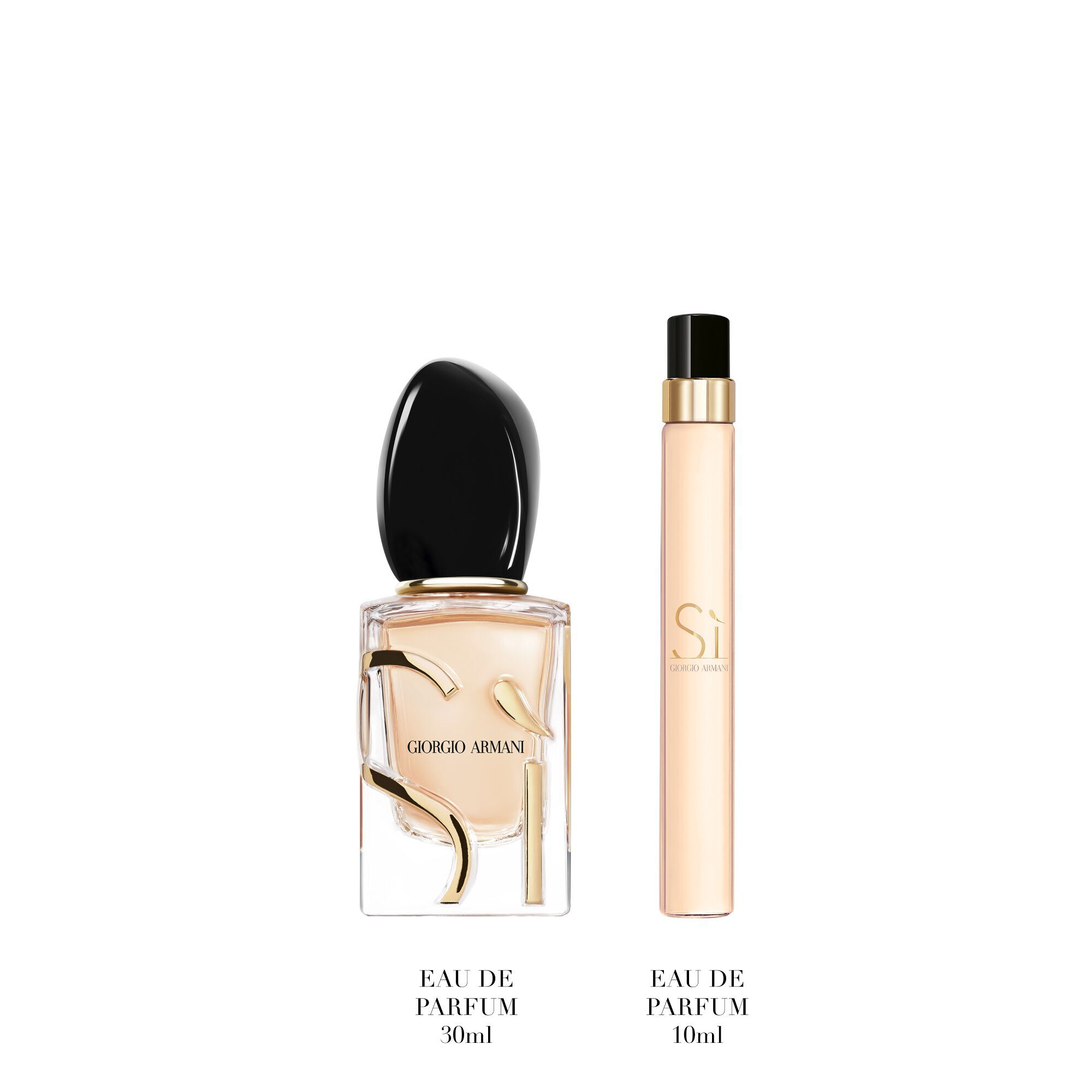 Si Eau de Parfum 30 ml en 10 ml in kenmerkende goudkleurige flesjes rechtop staan — Giorgio Armani bloemengeurset voor dames, op witte achtergrond.