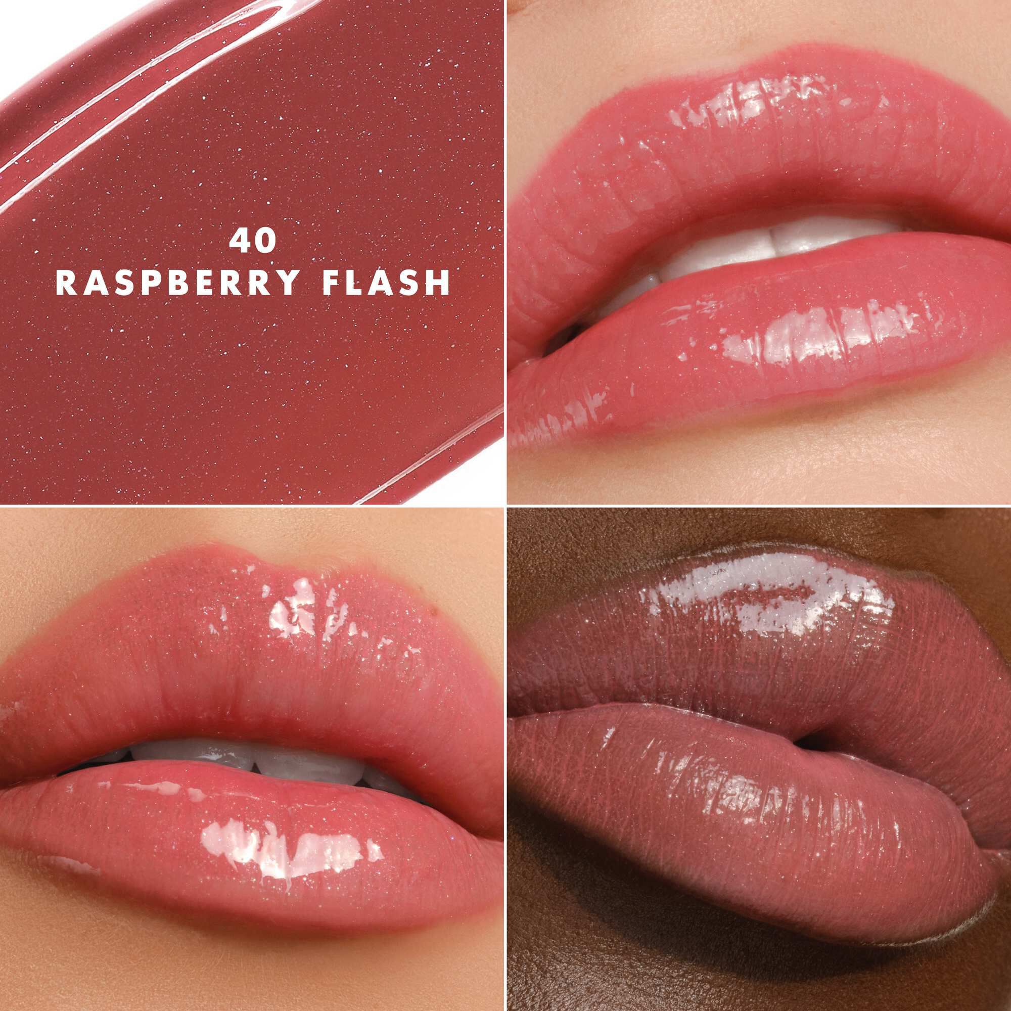 Armani Prisma Flash 40 Raspberry Flash lippenstift op verschillende huidtinten, waardoor een lichtgevende roze glans wordt benadrukt.