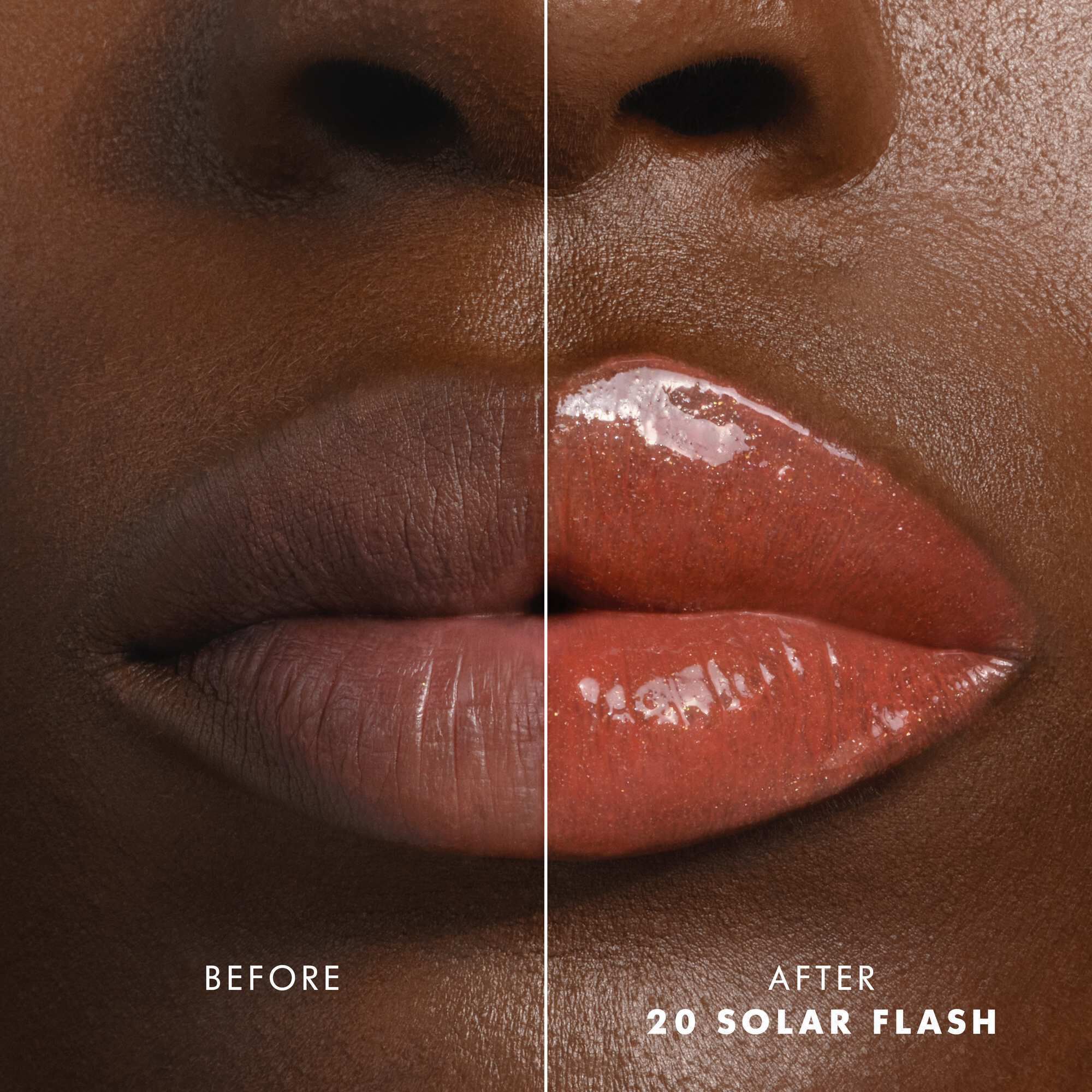 Voor- en nalippen met Armani Prisma Flash 20 solar Flash, die een verbeterde glanzende roze kleur tonen.