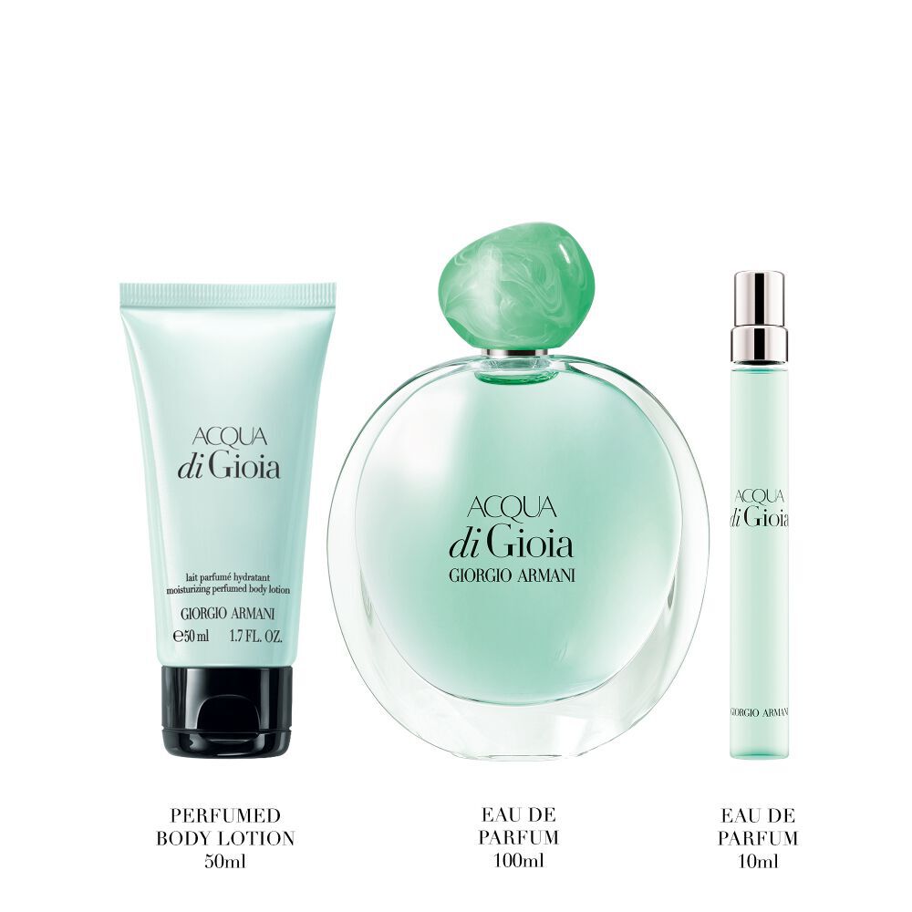 ACQUA DI GIOIA EAU DE PARFUM 30 ML, ACQUA DI GIOIA EAU DE PARFUM 10 ML EN PARFUMED BODY LOTION op een witte achtergrond.