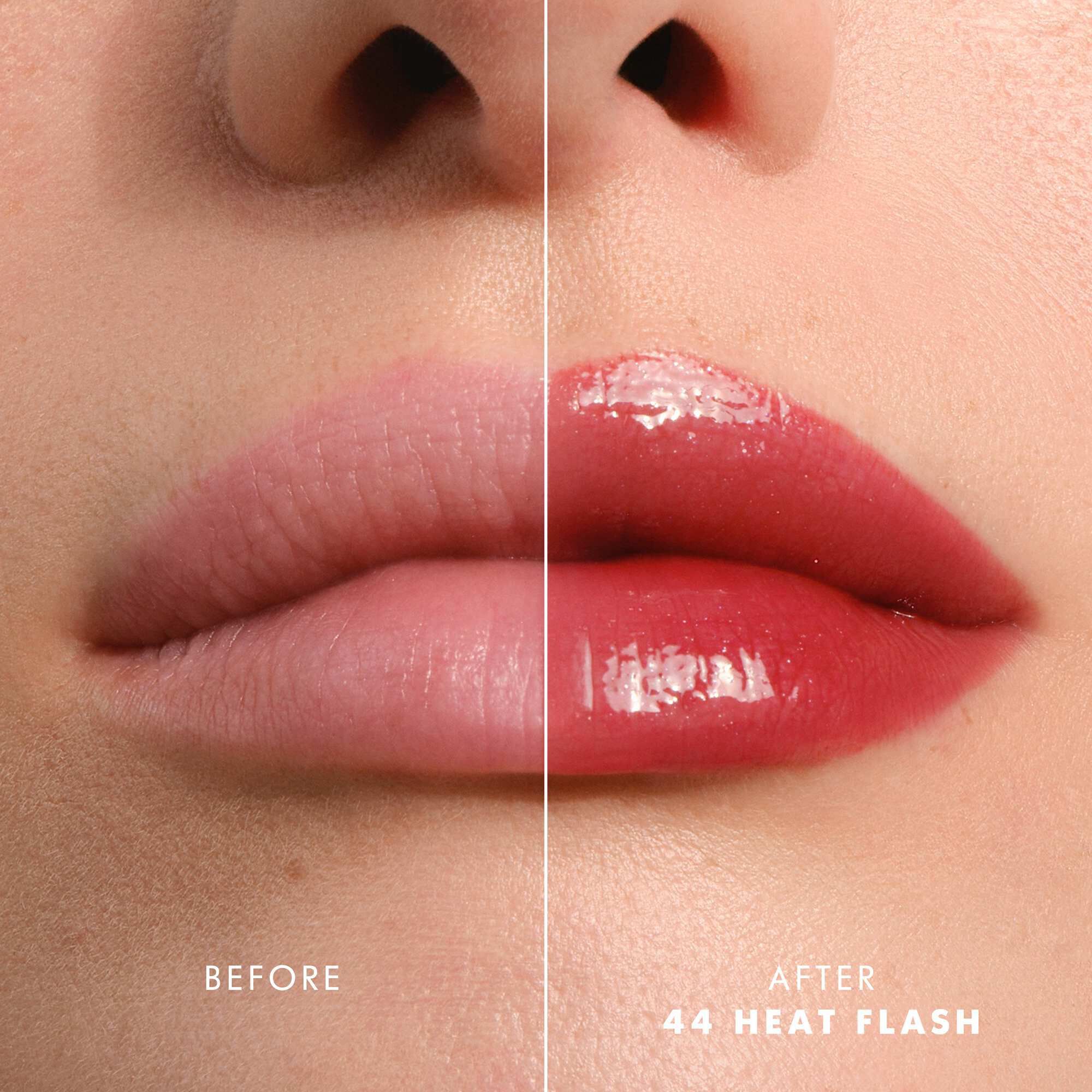 Voor- en nalippen met Armani Prisma Flash 44 Heat Flash, die een verbeterde glanzende roze kleur tonen.