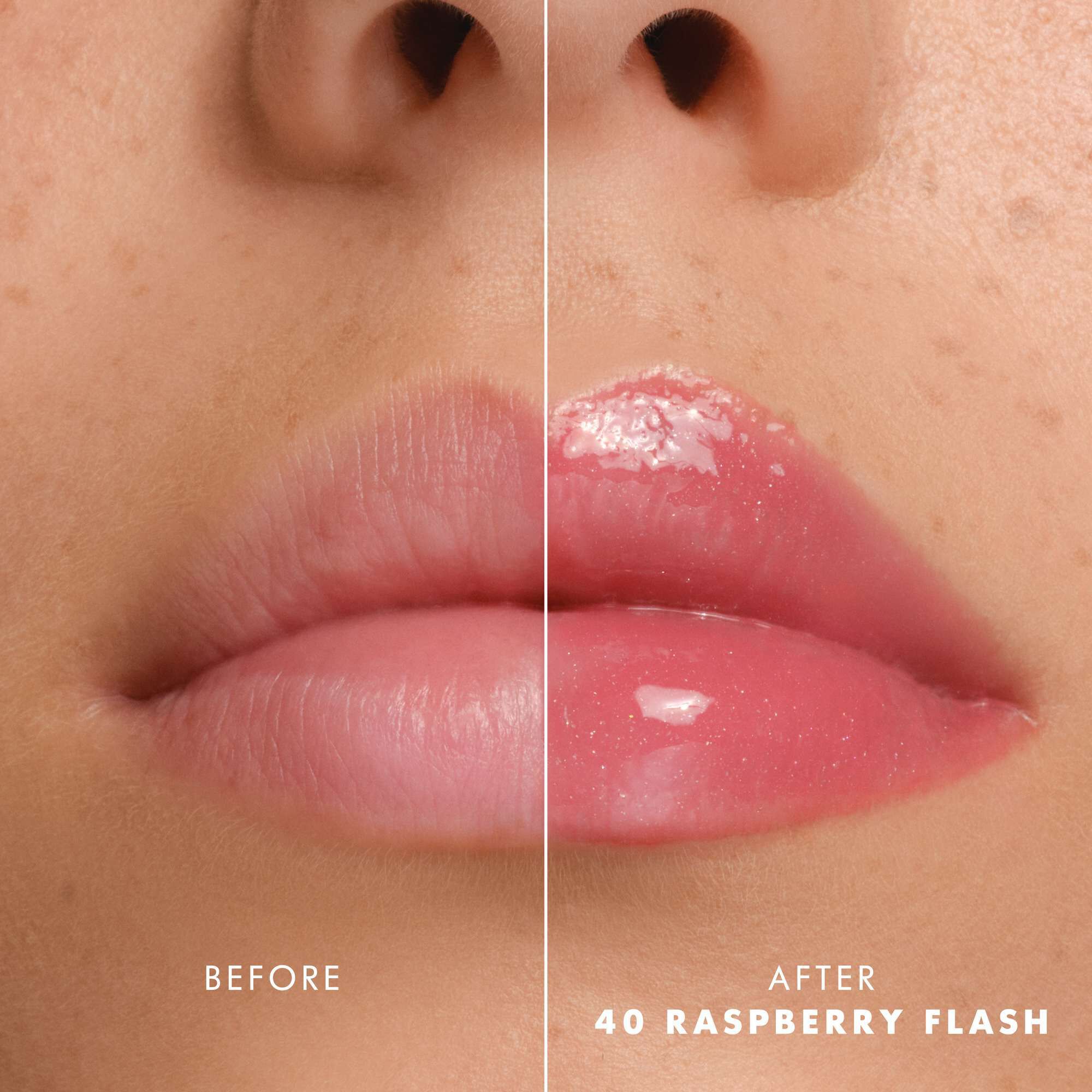 Voor- en nalippen met Armani Prisma Flash 40 Raspberry Flash, die een verbeterde glanzende roze kleur tonen.