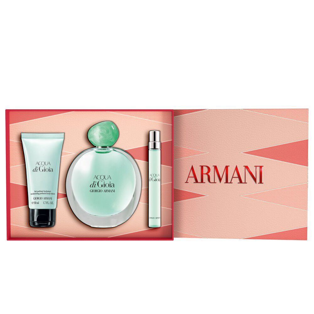 ACQUA DI GIOIA EAU DE PARFUM 30ml, ACQUA DI GIOIA EAU DE PARFUM 10ml en PERFUMED BODY LOTION flessen en open Moederdagcadeaudoos op een witte achtergrond.