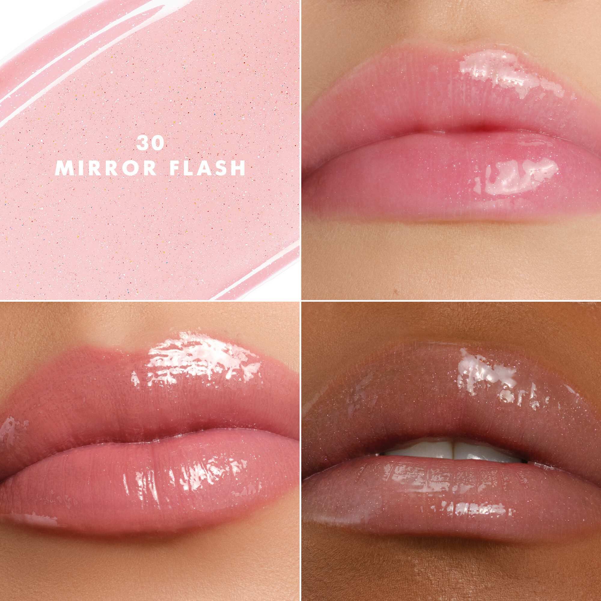 Armani Prisma Flash 30 Mirror Flash lippenstift op verschillende huidtinten, waardoor een lichtgevende roze glans wordt benadrukt.