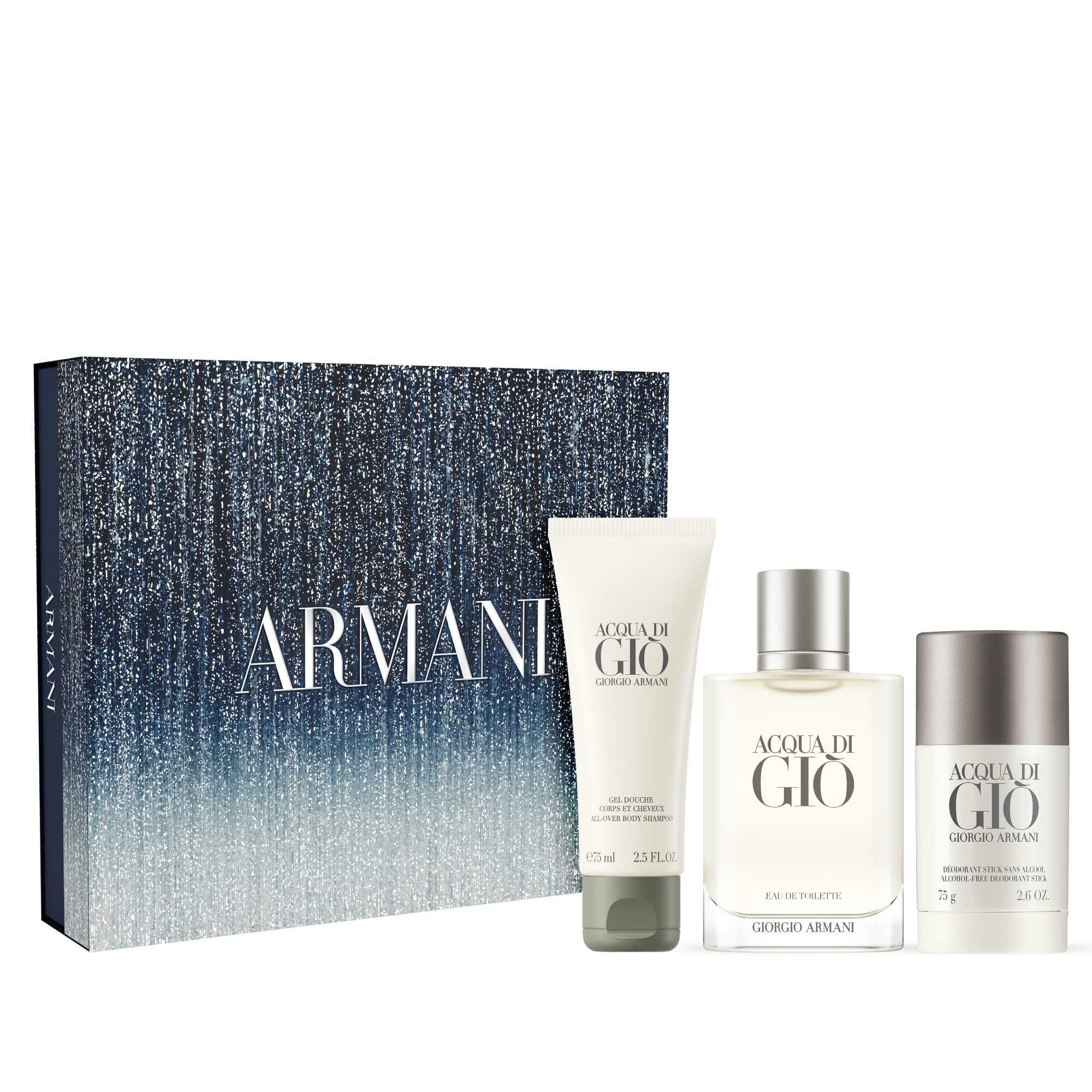 Acqua di Gio gift set with a shimmering Armani box and Acqua di Gio Eau de Toilette 100ml, 75 ml showel gel and a 75 ml deodorant.