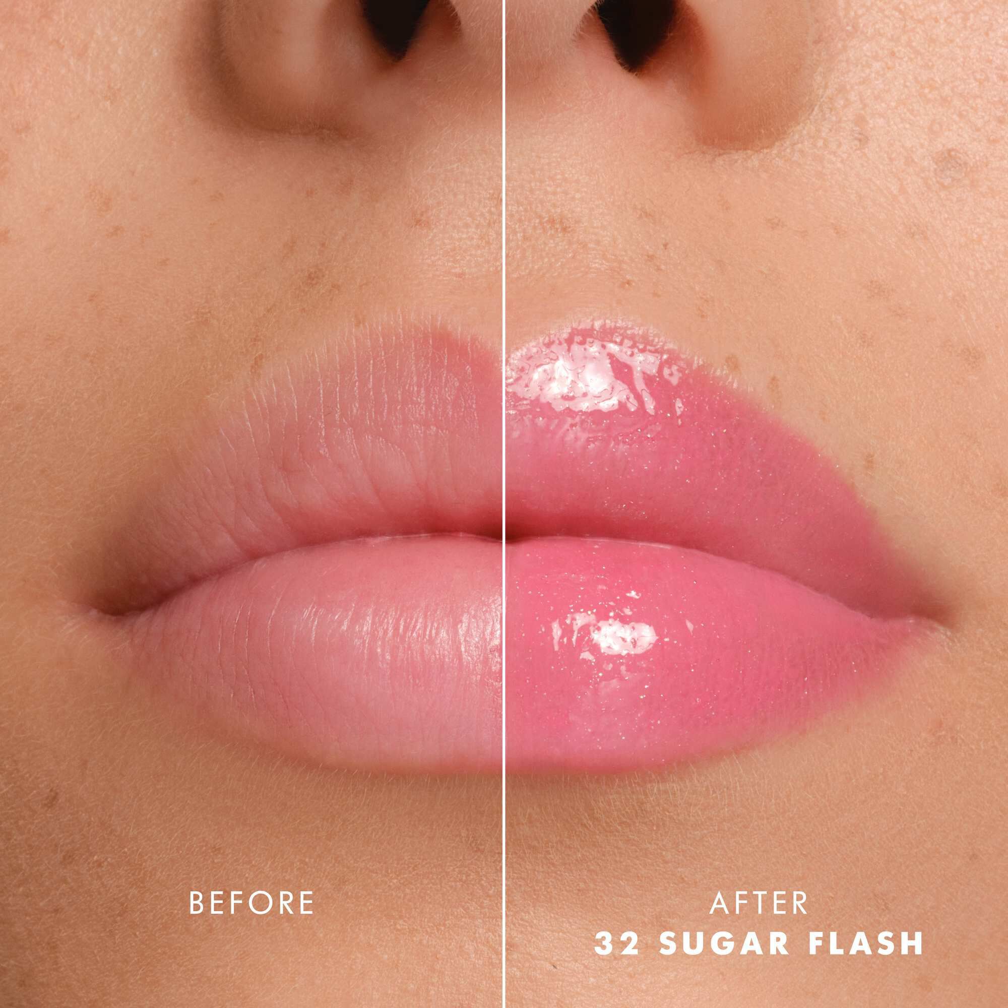 Voor- en nalippen met Armani Prisma Flash 32 Sugar Flash, wat een verbeterde glanzende roze kleur vertoont.