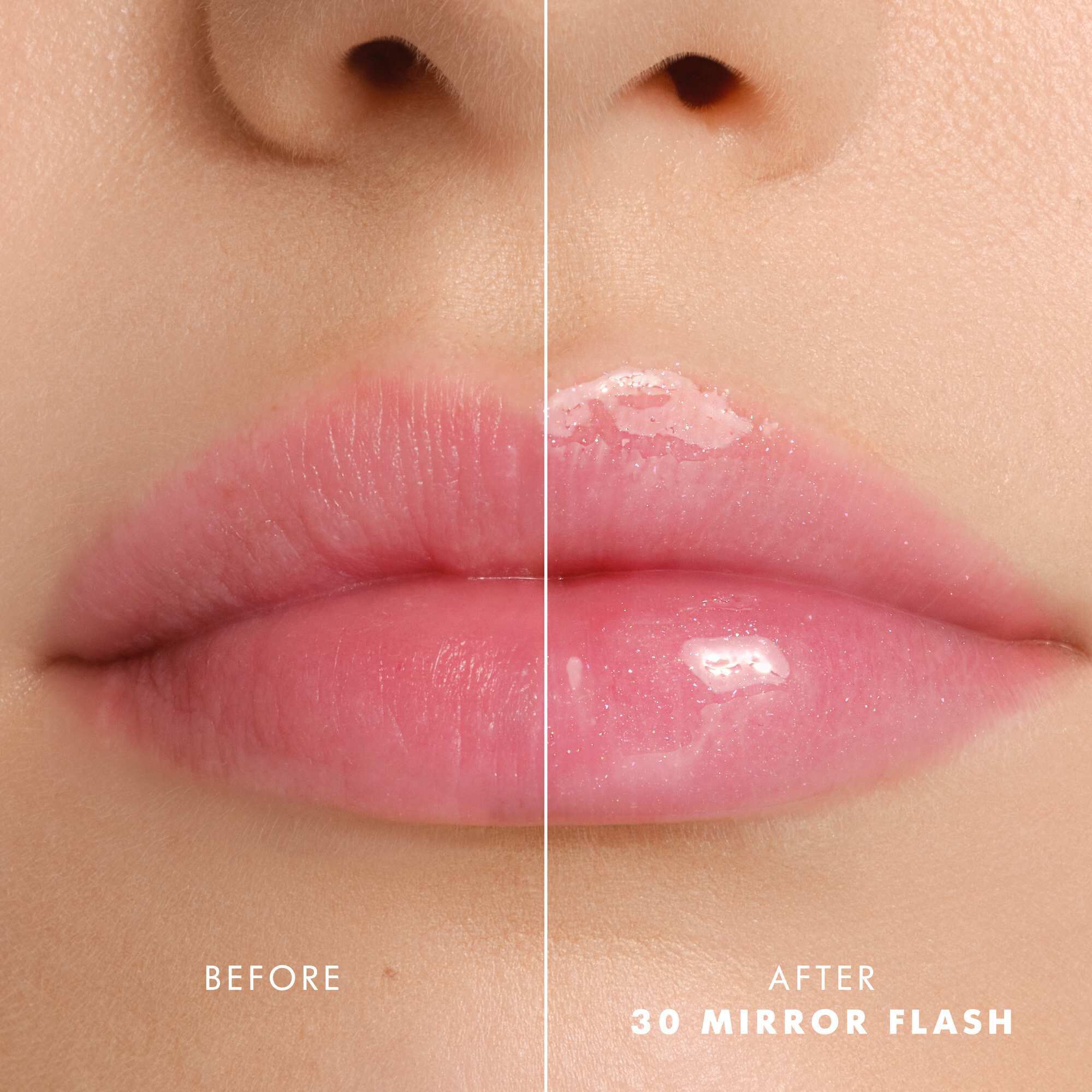 Voor- en nalippen met Armani Prisma Flash 30 Mirror Flash, die een verbeterde glanzende roze kleur tonen.