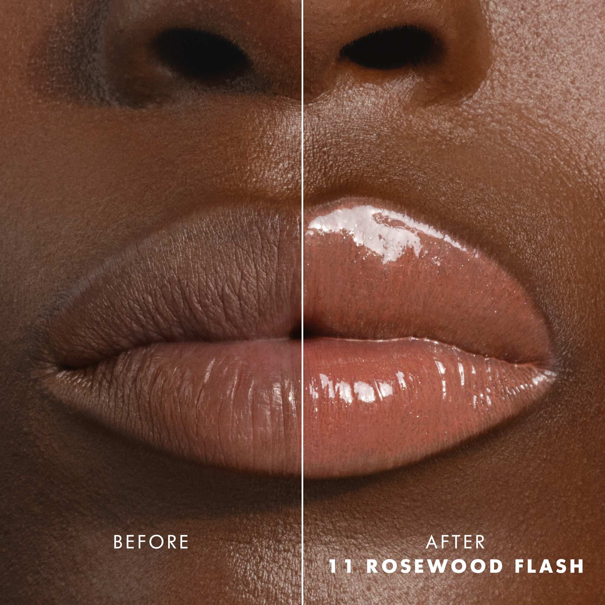 Voor- en nalippen met Armani Prisma Flash 11 Rosewood Flash, die een verbeterde glanzende roze kleur tonen.