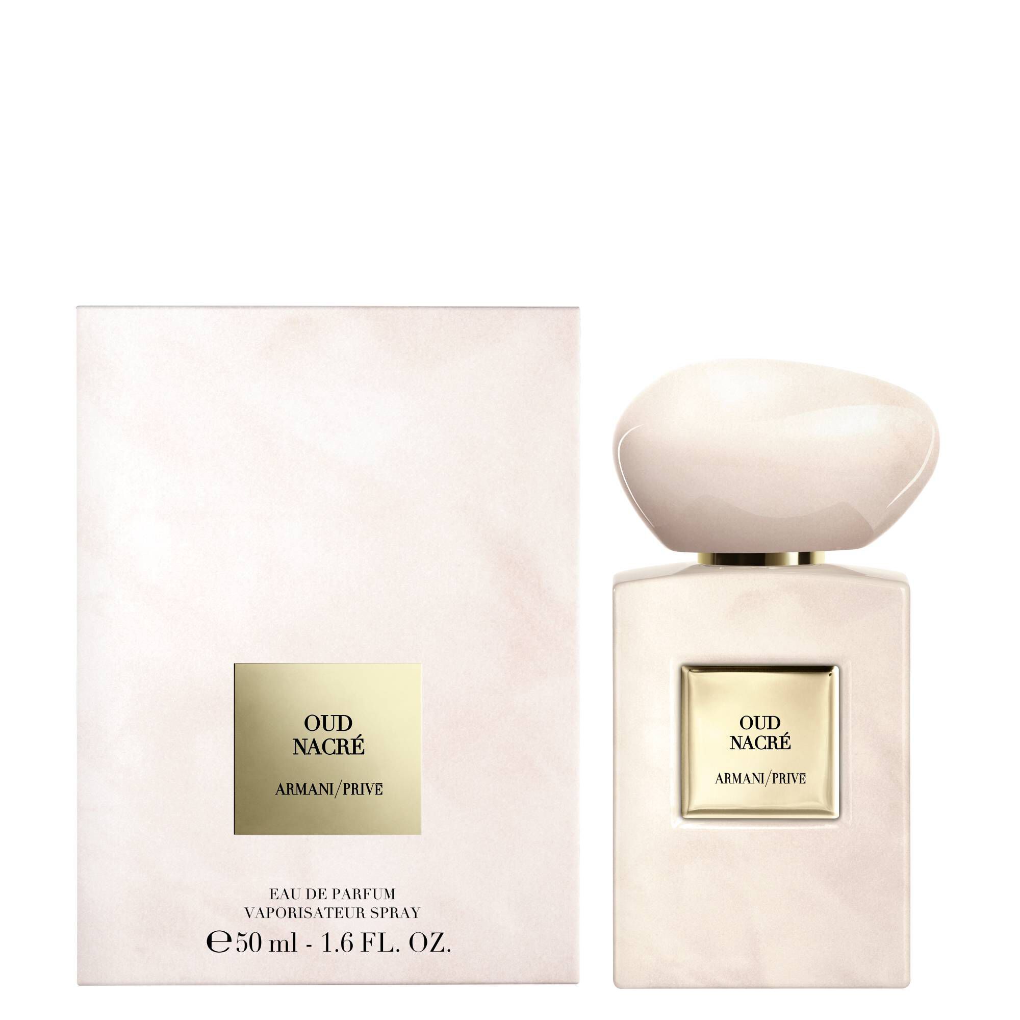 Armani Prive Oud Nacre parfumfles en de witte presentatiedoos.