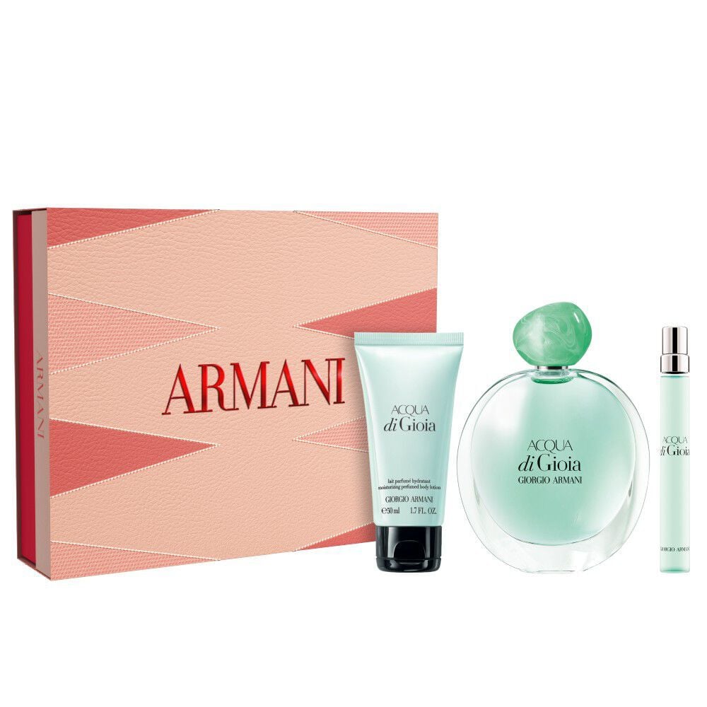 ACQUA DI GIOIA EAU DE PARFUM 30ml, ACQUA DI GIOIA EAU DE PARFUM 10ml en PERFUMED BODY LOTION naast een Moederdag-cadeaudoos op een witte achtergrond.