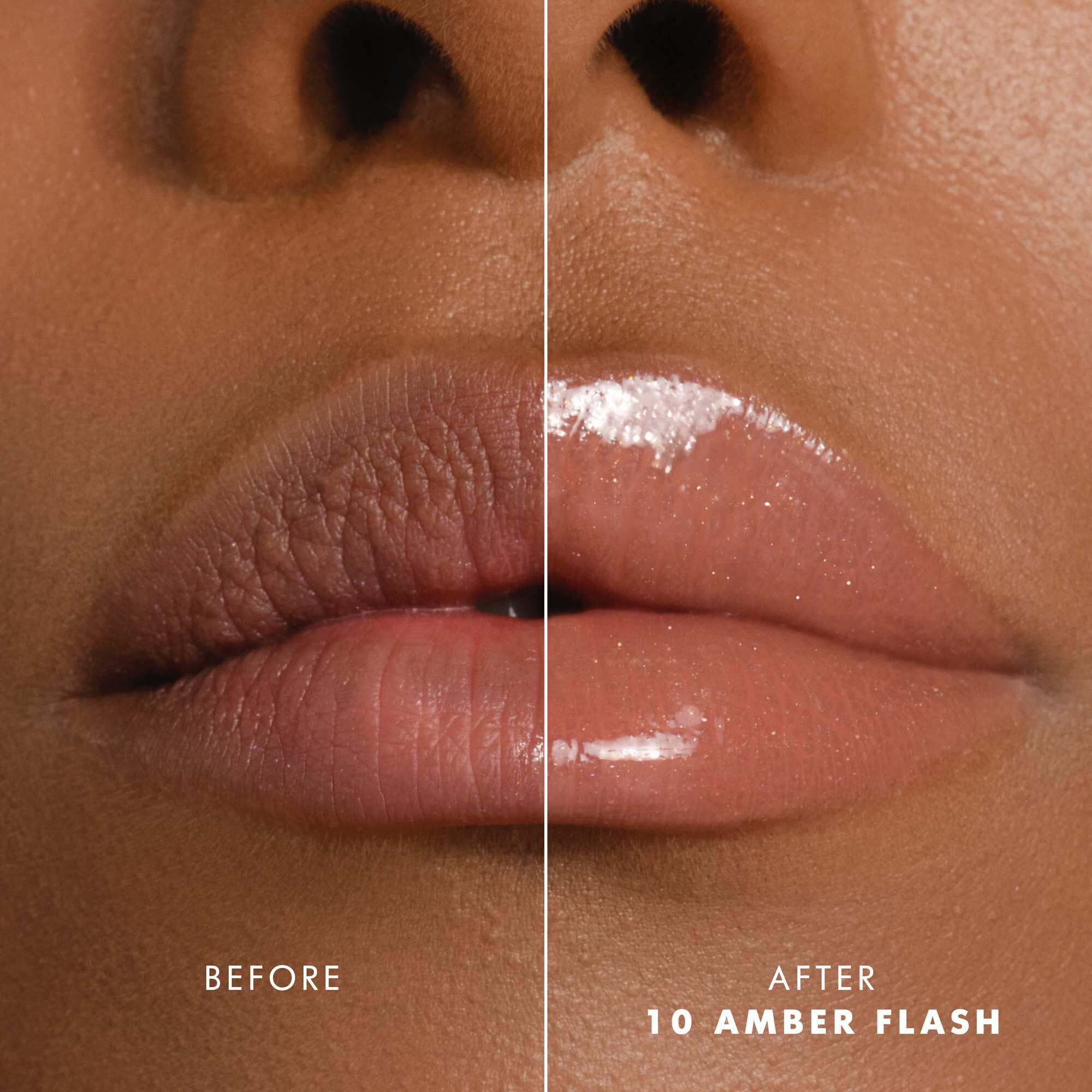 Voor- en nalippen met Armani Prisma Flash 10 Amber Flash, die een verbeterde glanzende roze kleur tonen.