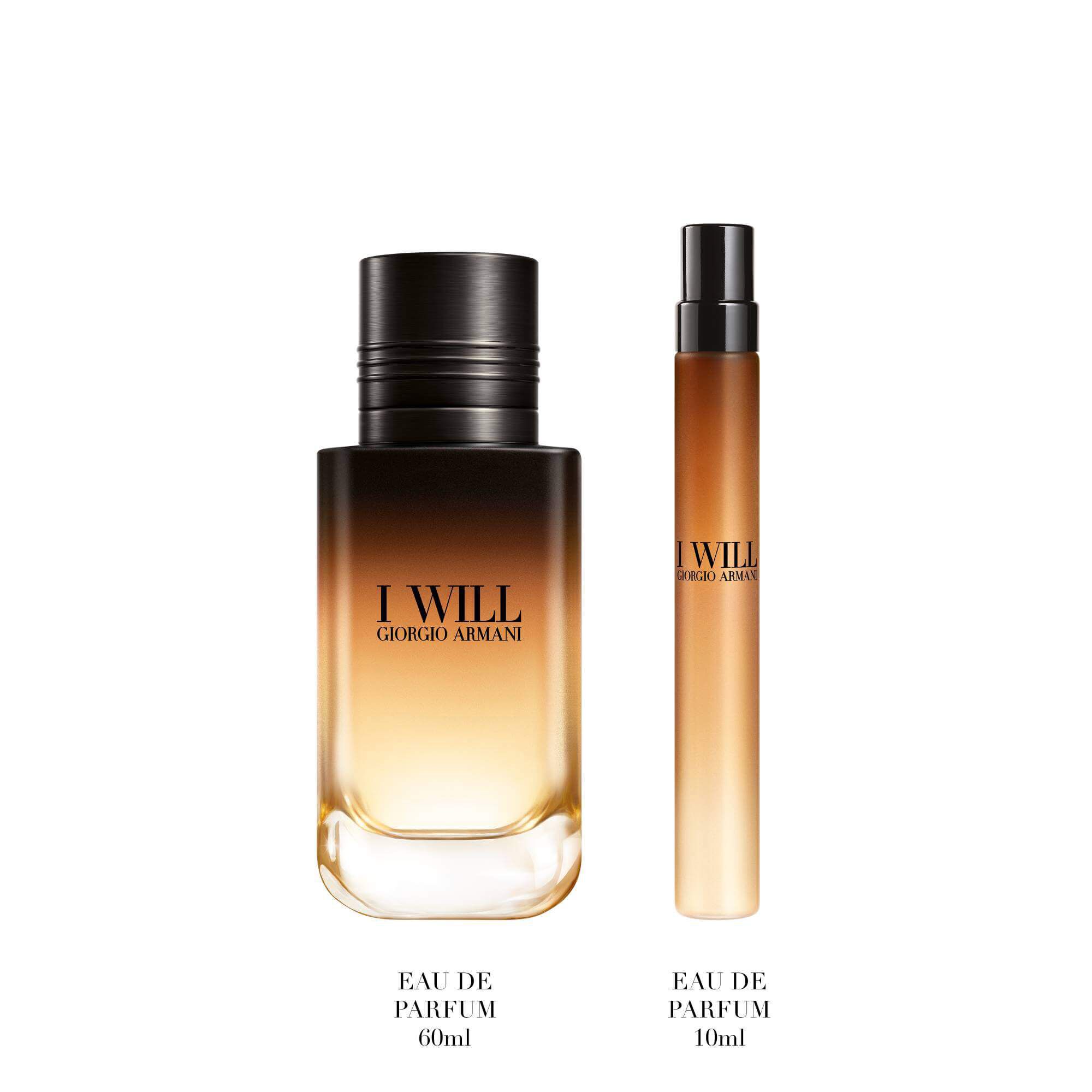 I Will Eau de Parfum 60 ml en 10 ml flessen rechtop staan — Giorgio Armani herenparfum cadeauset, witte achtergrond.