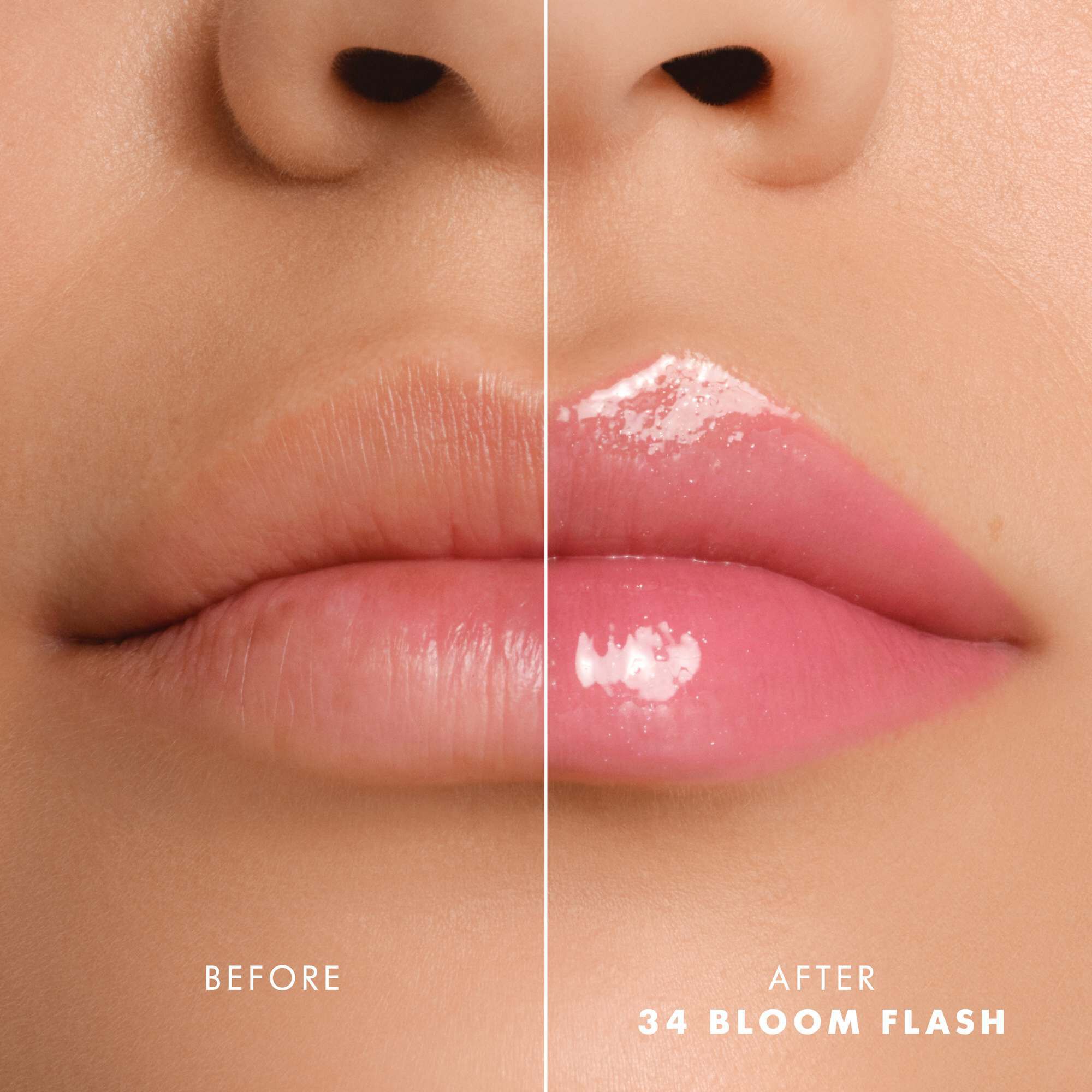 Voor- en nalippen met Armani Prisma Flash 34 Bloom Flash, die een verbeterde glanzende roze kleur tonen.