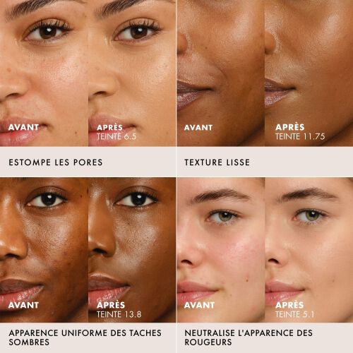 Close-up "before and after" showing foundation LUMINOUS SILK FOUNDATION in different skin tones for different skin concerns