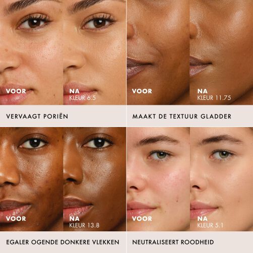 Close-up "before and after" showing foundation LUMINOUS SILK FOUNDATION in different skin tones for different skin concerns