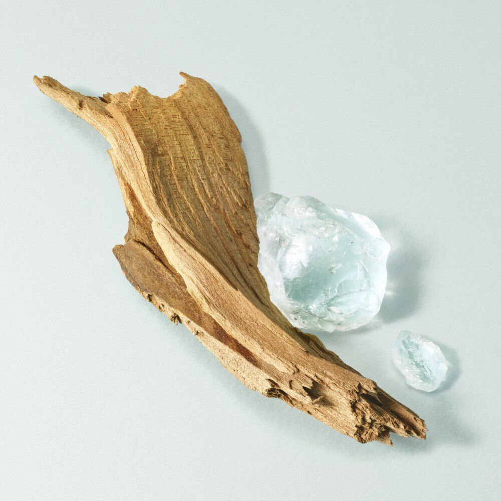 Un morceau de bois texturé avec des cristaux transparents posés sur un fond pastel.